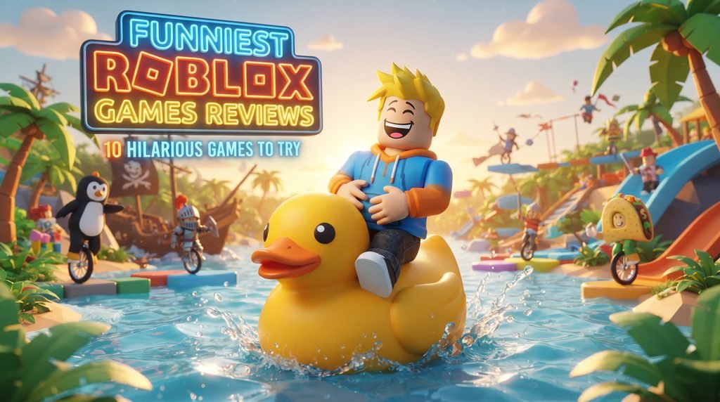 "A cinematic 3D render for Funniest Roblox Games Reviews: 10 Hilarious Games to Try, showing a block-style character laughing on a giant rubber duck with a bold neon sign focal keyword."