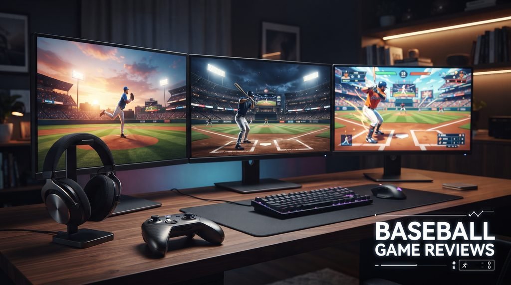 A professional multi-monitor gaming setup on a dark desk showing a comparison of different baseball video games, with a modern controller and headphones in the foreground and the text "Baseball Game Reviews" integrated into the composition.