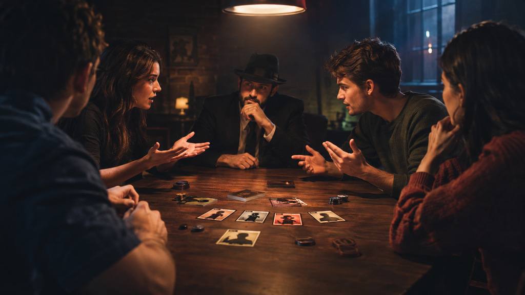 Players gathered around a table with secret role cards during a Mafia party game