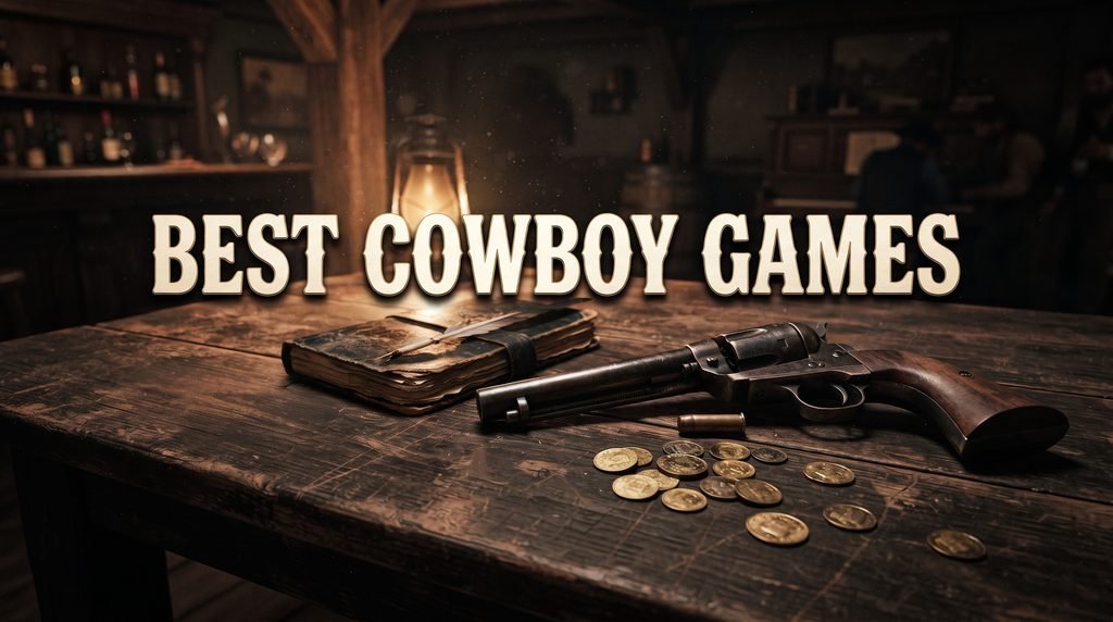 "Cinematic editorial gaming feature image with bold text reading 'Best Cowboy Games' overlaid on a rustic wooden table featuring a classic Wild West revolver, gold coins, and a leather journal in a dimly lit saloon."